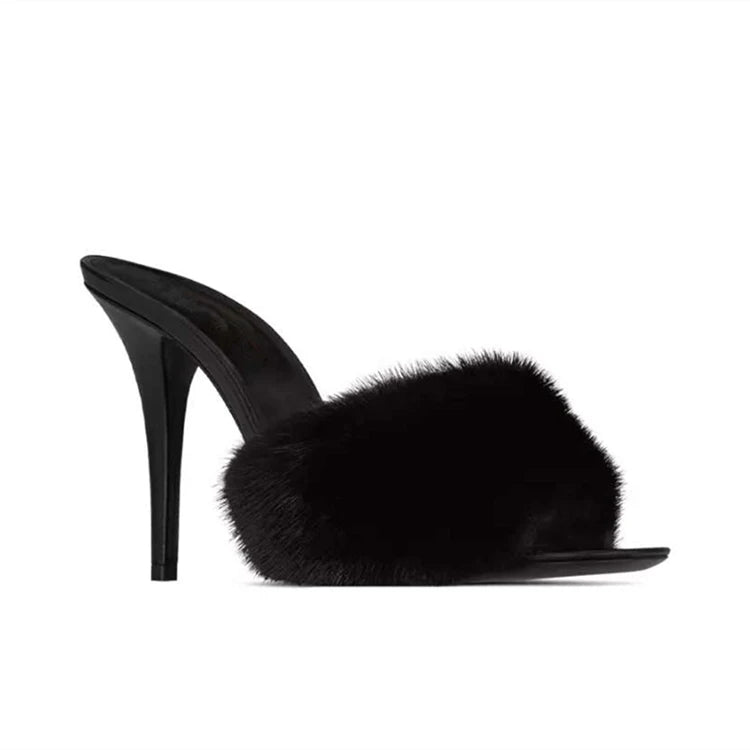 Fur Trim Open Toe Stiletto Party Sandals for Women