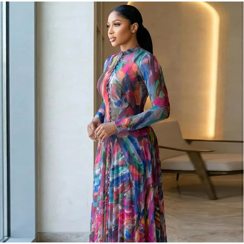 Chic O-Neck Printed Long Sleeve Casual Summer Dress for Women