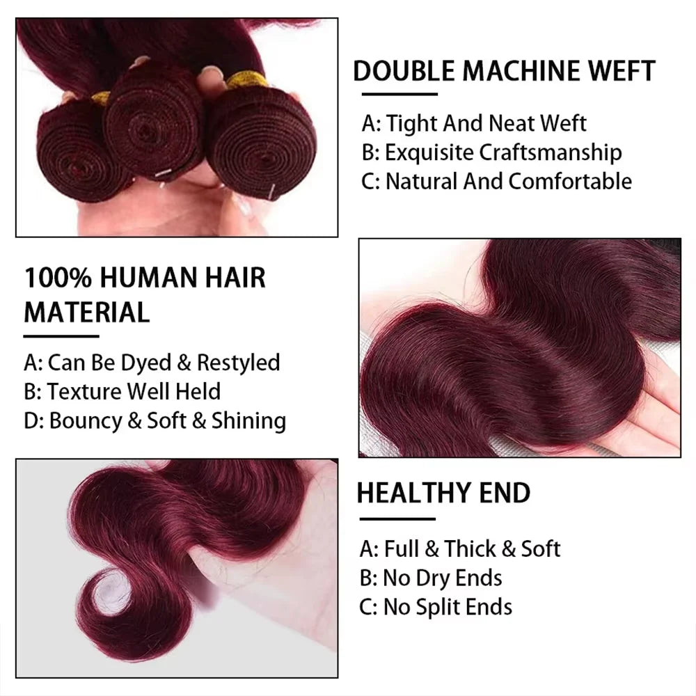 Burgundy Remy Body Wave Human Hair Bundles for Women