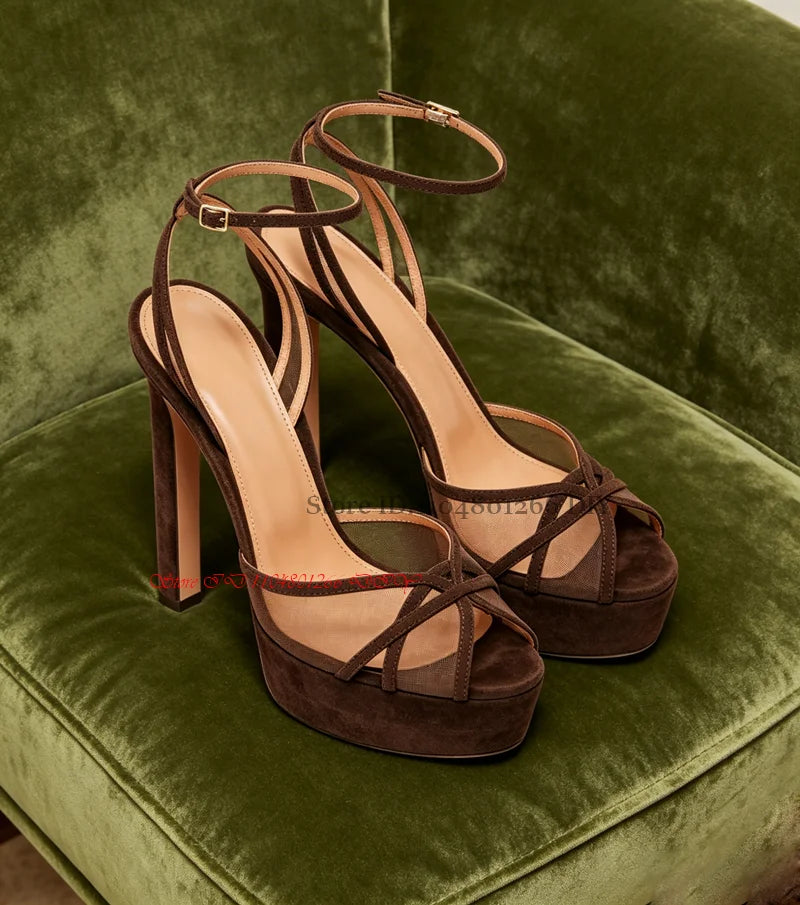Open Toe Suede Trimmed Mesh Platform Sandals for Women