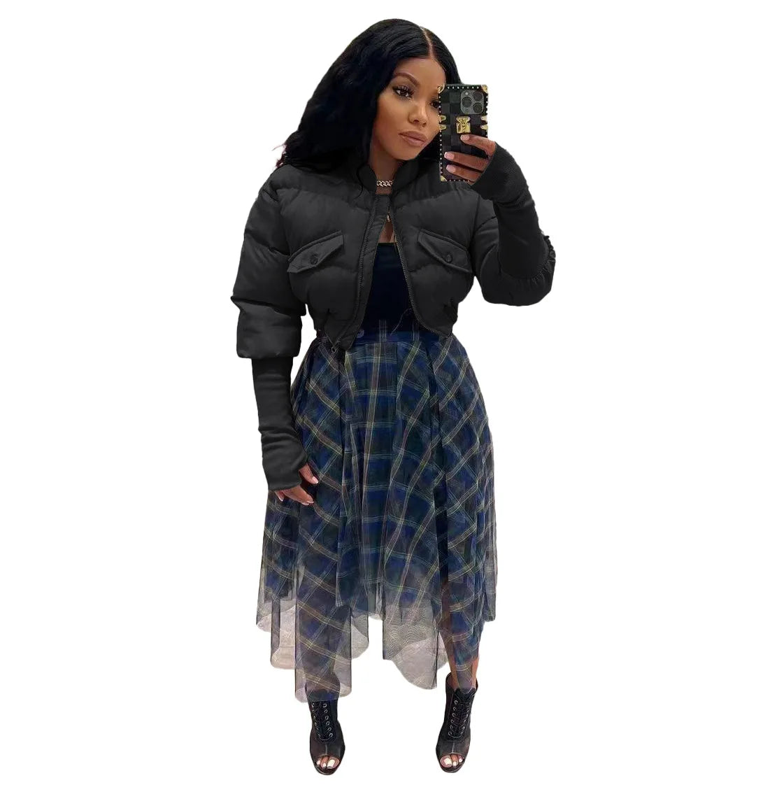 Warm Stand Collar Zippered Short Parka Jacket for Women
