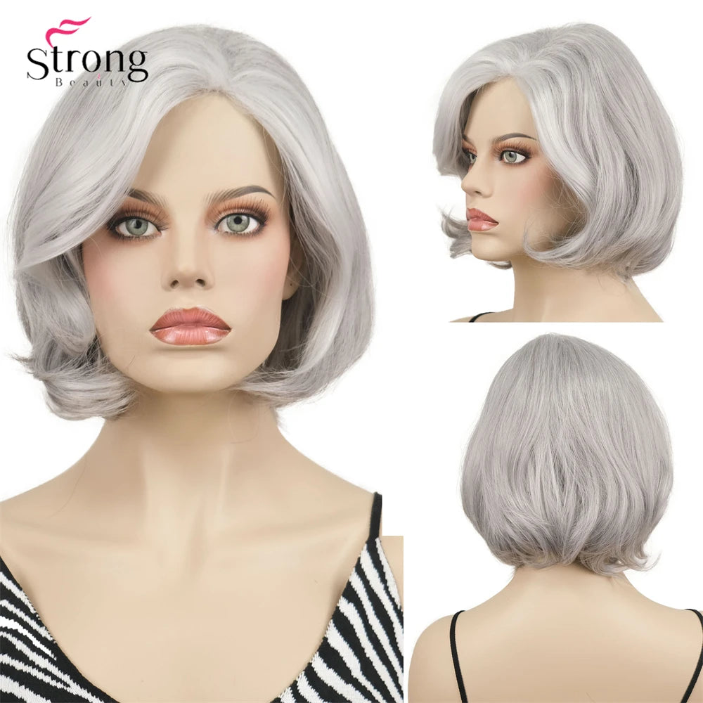 Natural Gray Short Wavy Bob Synthetic Hair Wig for Women