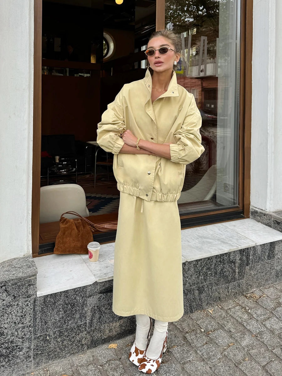 Elegant Button Front Two Piece Skirt Set For Women