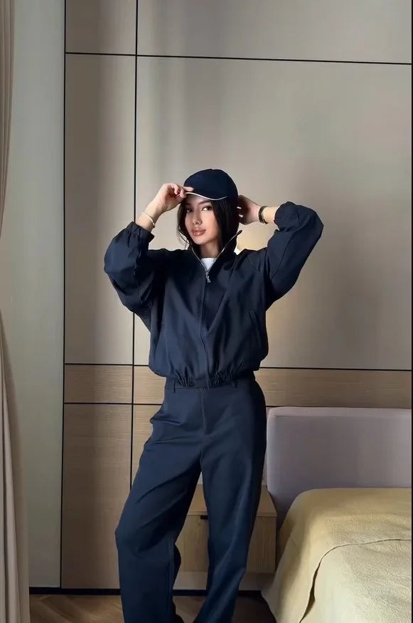 Loose Fit Zip-Up Track Jacket and Pants Set for Women