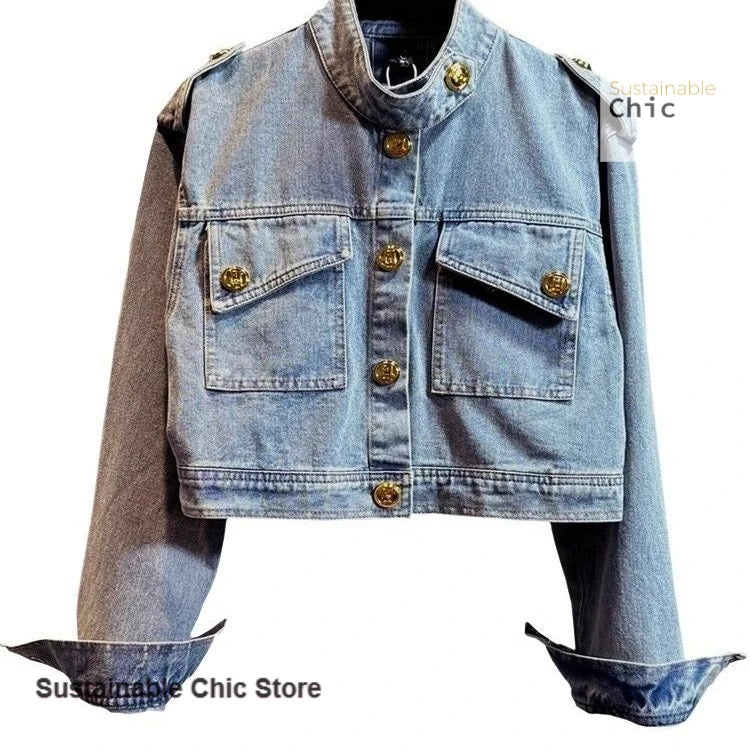Vintage French Retro Gold Buckle Casual Denim Jacket For Women