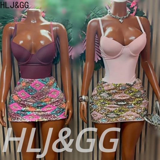 Glam Sequin Mini Skirt Set With Spaghetti Strap V Neck Bodysuit for Women