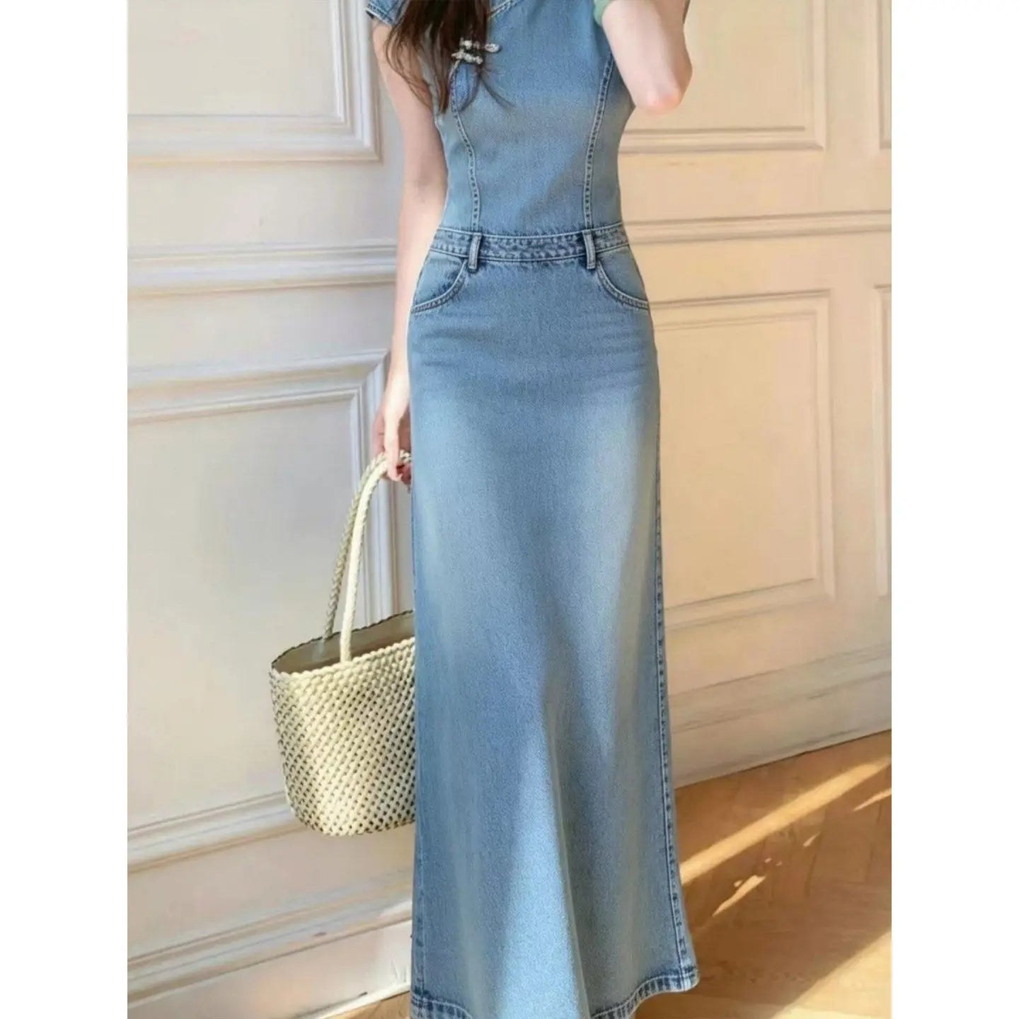 ANJY Spring Summer New Women Chinese Style Washed Denim Cheongsam Dress Elegant Vintage Design Niche Stylish Long Dresses A25172