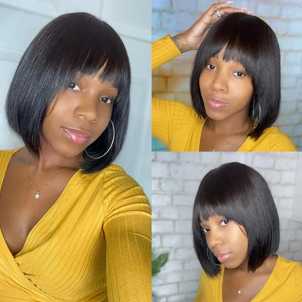 Short Straight Bob Human Hair Wig With Bangs for Women