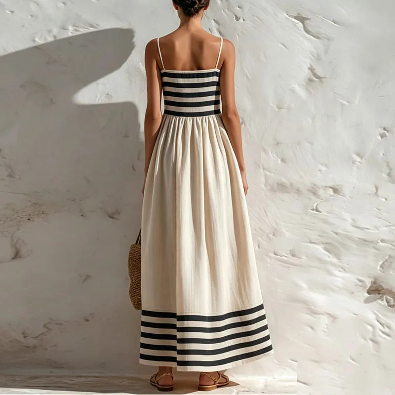 Striped Square Neck Backless A-Line Maxi Dress for Women