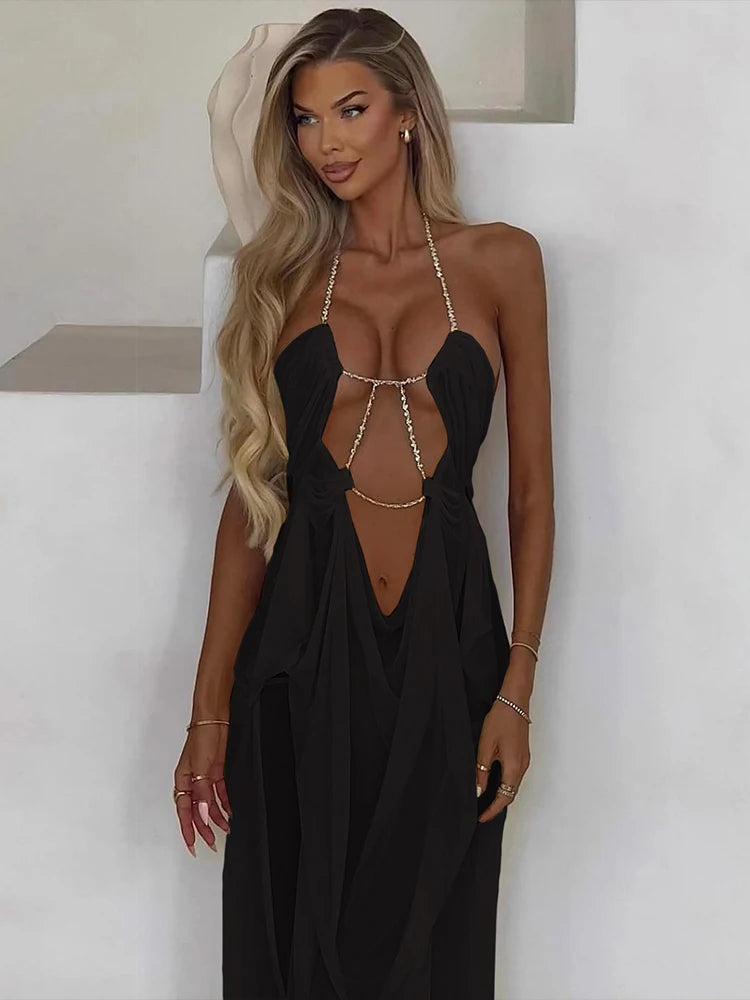 See-Through Halter Chain With Sleeveless Low-Neck Backless Gown for Women