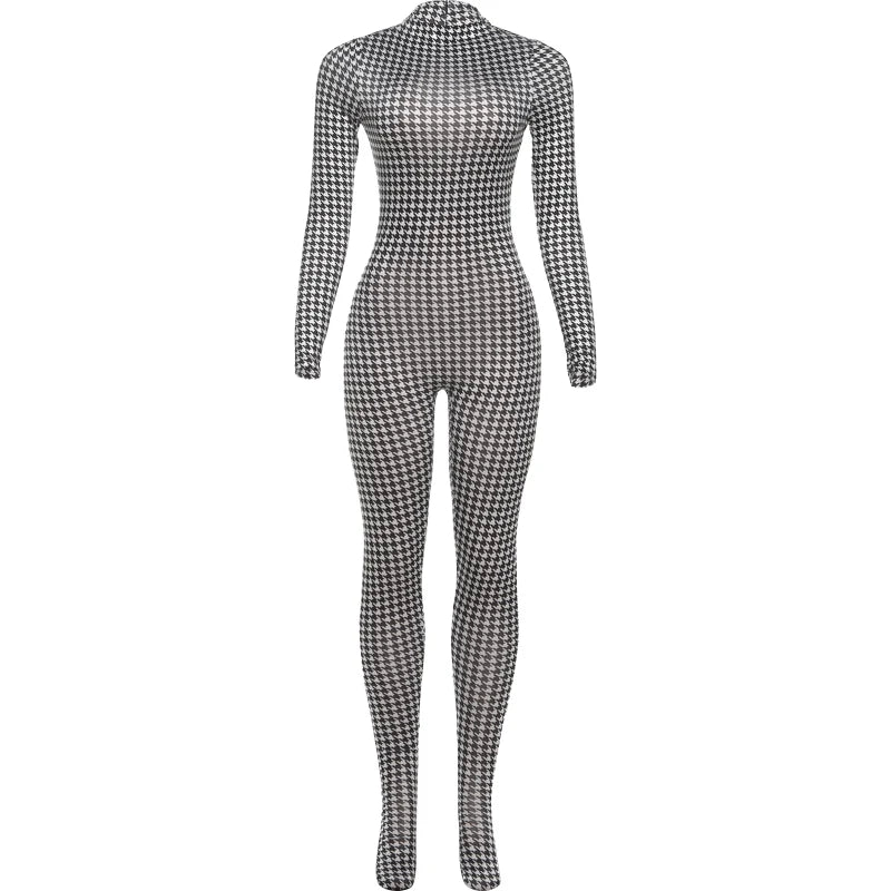 Snake Print Long Sleeve Zip Up Stretch Jumpsuit for Women