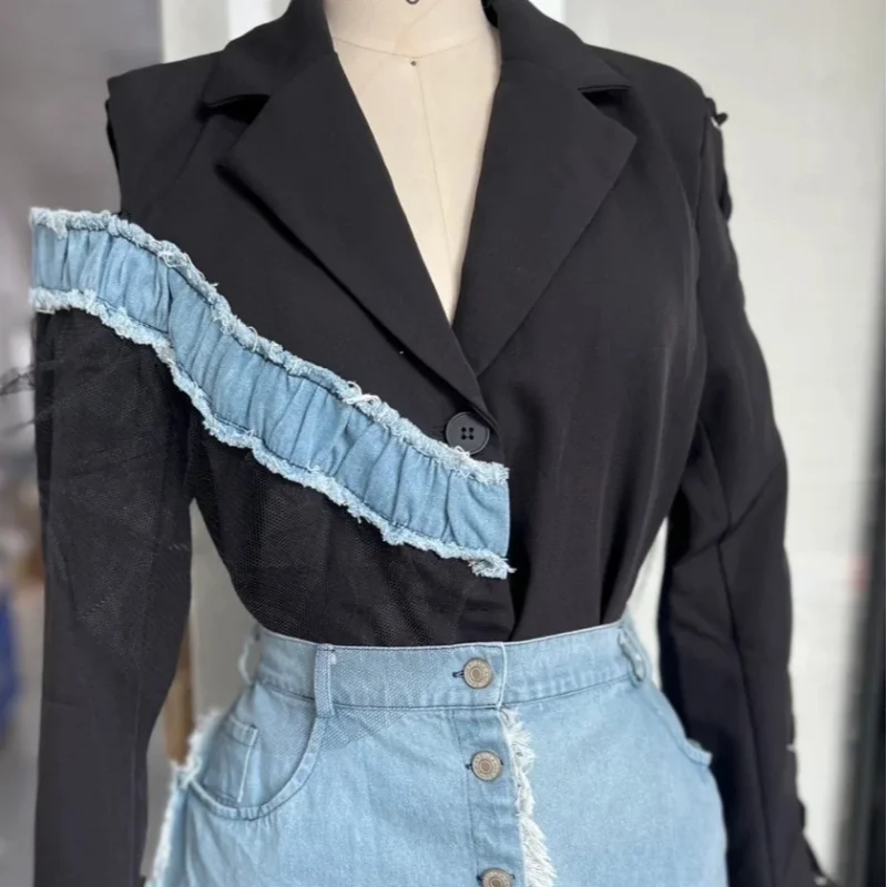Stylish Patchwork Denim Mini Dresses Lace Deep V-neck Jacket Sexy Irregular Casual-chic Sexy Edgy Top Designers Streetwear