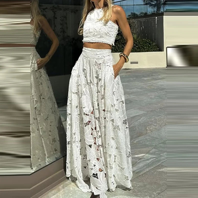 Fashion O-neck Sleeveless Top with Long Skirt Suit Sexy Exposed Navel Holiday Outfit 2025 Lace Hollow Loose Women's 2 Piece Set