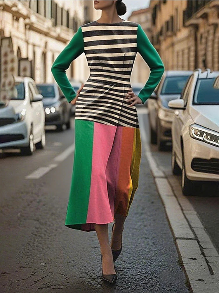 Gymystars Fashion Contrast Color Midi Dresses Women's Striped Party Dress Casual Long Sleeves Pleated Elegant Chic Dress Female