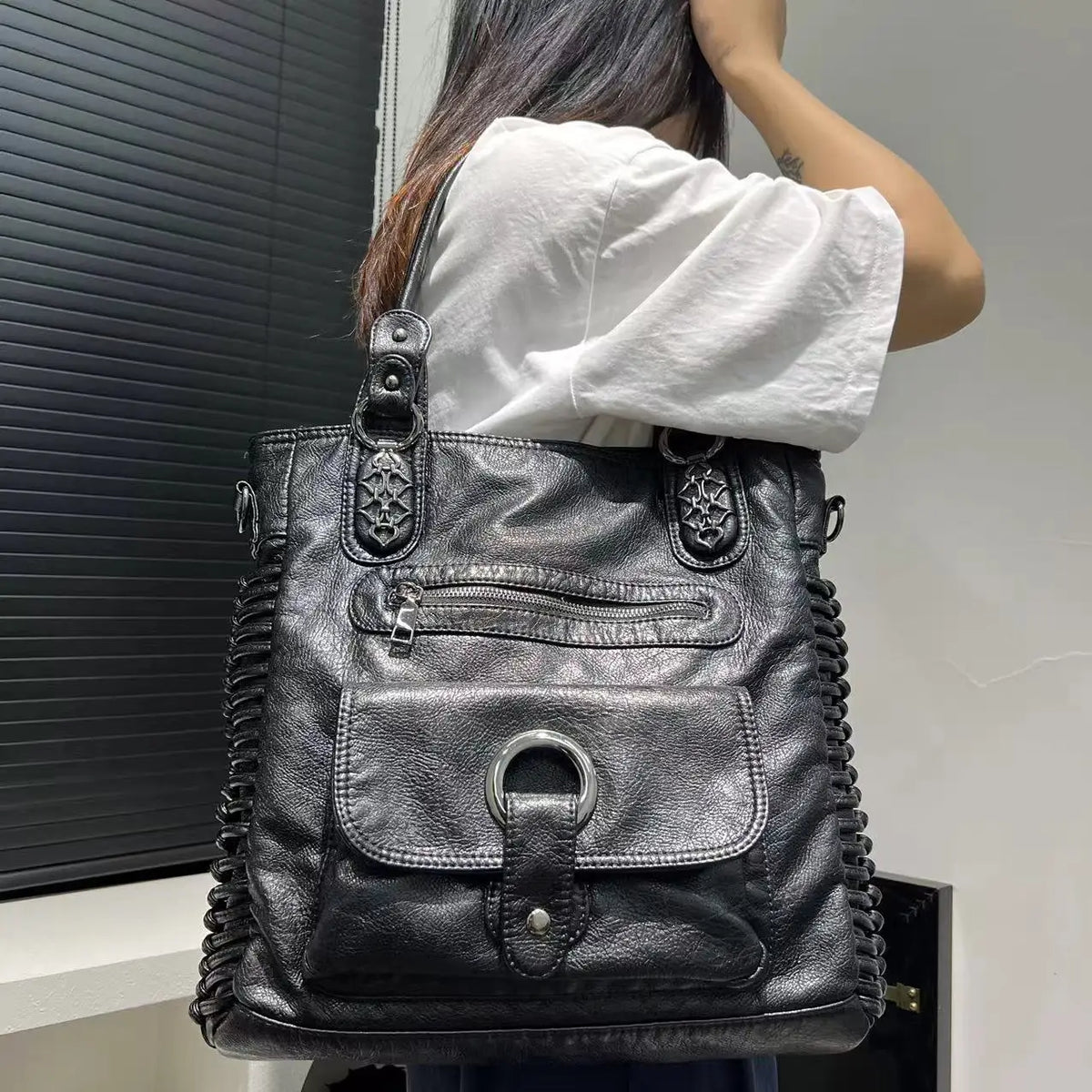 Distressed Vegan Leather Shoulder Tote Bag for Women