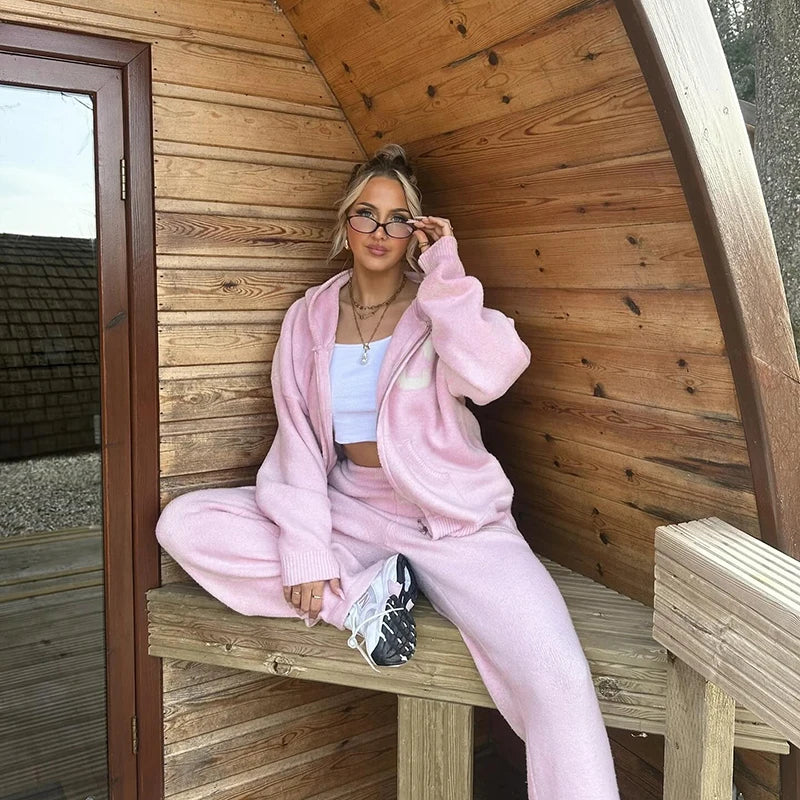 Letter Print Hooded Two Piece Set With Wide Leg Pants for Women