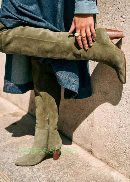 Green Suede Pointed Knee Boots