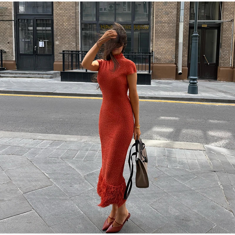 Sequin Knit Short Sleeve Tassel Midi Party Dress for Women