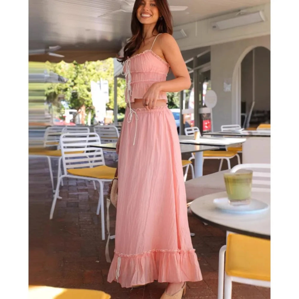 Pleated Bow Suspender Top and Skirt Two Piece Set for Women