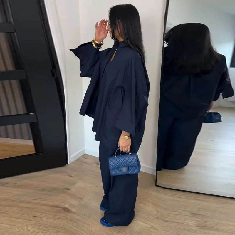 Casual Solid Shirt and Wide Leg Pants Set for Women