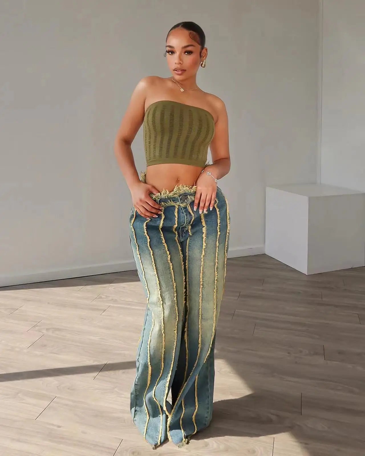 High Waist Tie Dye Slight Stretch Wide Leg Jeans For Women