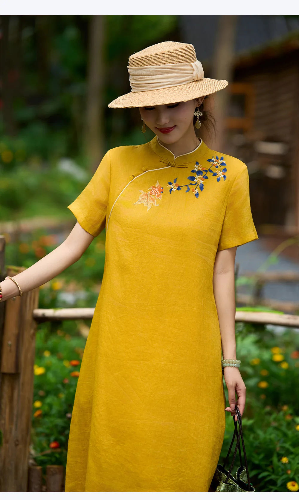 Linen Mandarin Collar Embroidered Cheongsam Dress for Women