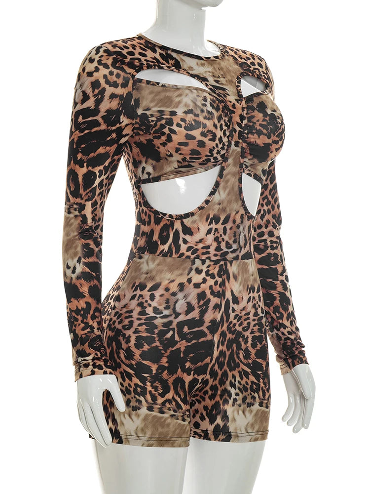 Leopard Print Hollow Out Two Piece Playsuit for Women