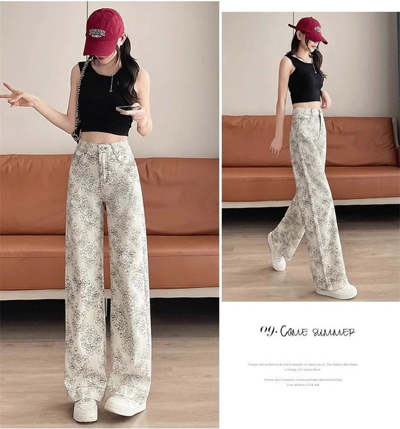 High Rise Wide Leg Printed Denim Pants For Women