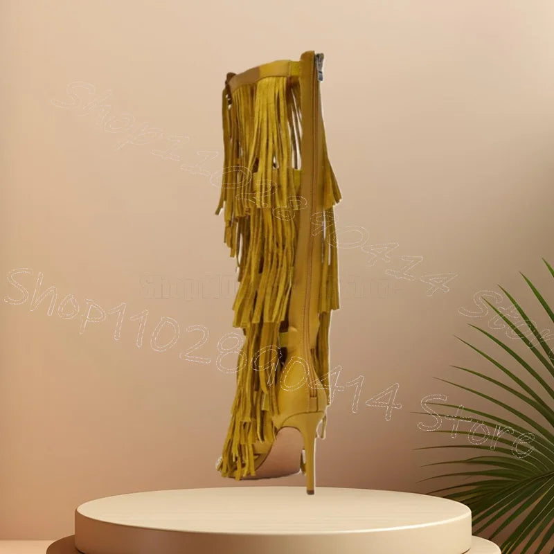 Yellow Tassels Metal Button Detail Open Toe Sandals With Back Zipper for Women