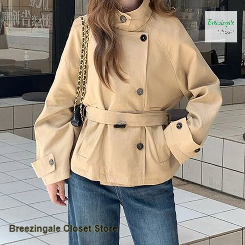 Solid Color Short Stand Collar Windbreaker Coat For Women