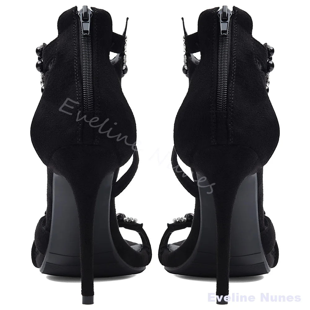 Black Crystal Beaded Gladiator Heeled Sandals For Women