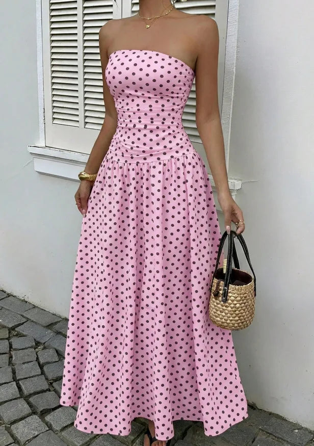 Vintage Polka Dot Strapless Ruffle Maxi Dress for Women
