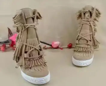 Girls Beige Black Gray Pink Suede Genuine Leather Round Toe Tassel Fringed 8 CM Height Increasing Wedges Sneakers Ankle Boots
