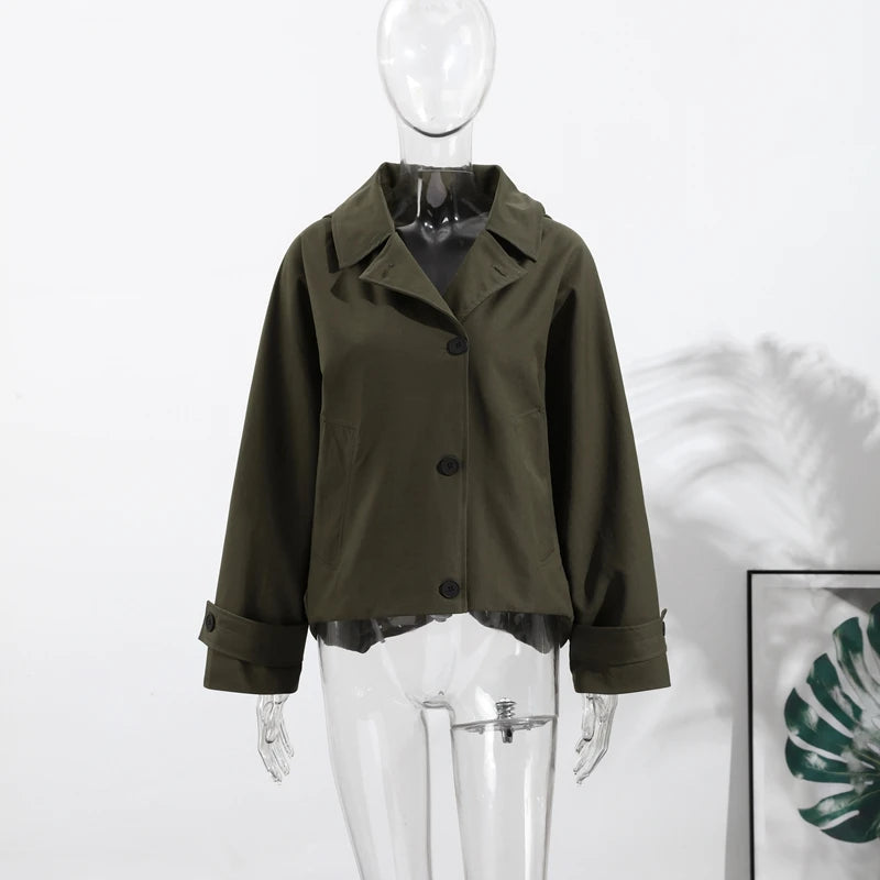 Vintage Single Breasted Women 's Treach Coats Loose Hooded Pockets Full Sleeve Short Jacket Female 2025 Autumn New Lady Outwears