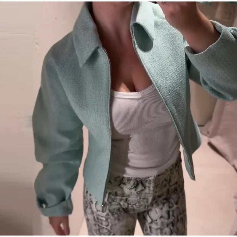 Chic Slim Fit Lapel Zipper Casual Short Coat for Women