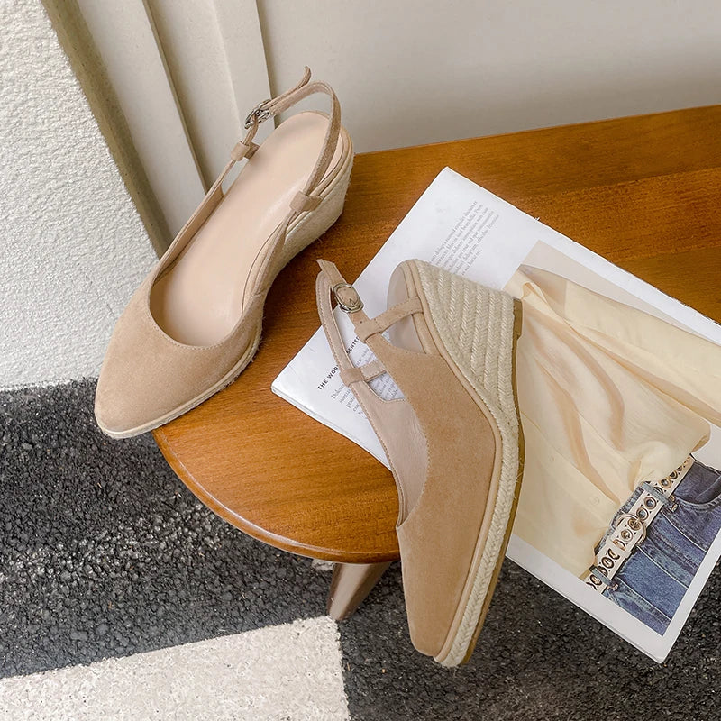 Apricot Back Strap Suede Wedge Platform Sandals for Women