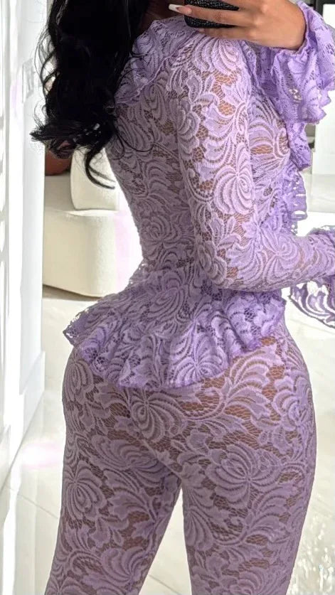 FAGADOER Sexy Lace See Through 2 Piece Sets Woman Outfit Mesh Hollow Out Crop Top and Shorts Suit Female Y2K Streetwear Clothing