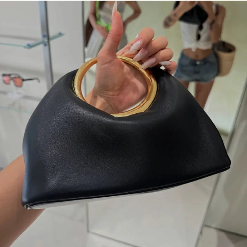 2025 Metallic Round Handle Handbag Evening Bags for Women New Soft Vegan Half Moon Wedding Clutch Purse PU Leather Shoulder Bags