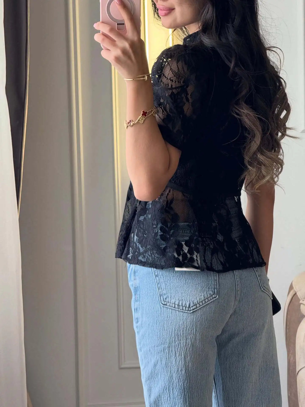 Short Sleeve Floral Lace Sheer Cheongsam Blouse for Women
