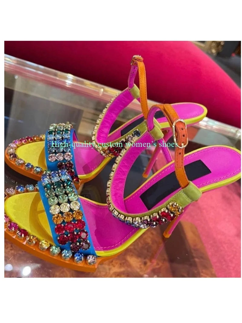 Elegant Rainbow Rhinestone Embellished Sandals for Women