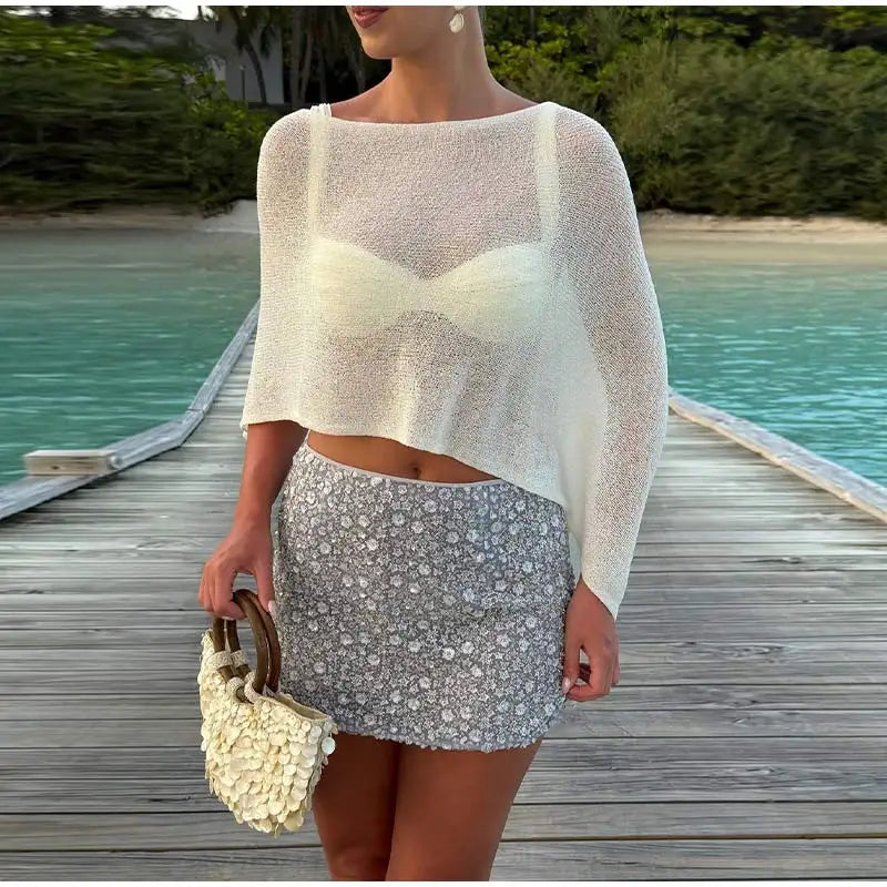 Sheer Knit O Neck Asymmetrical Loose Blouse for Women