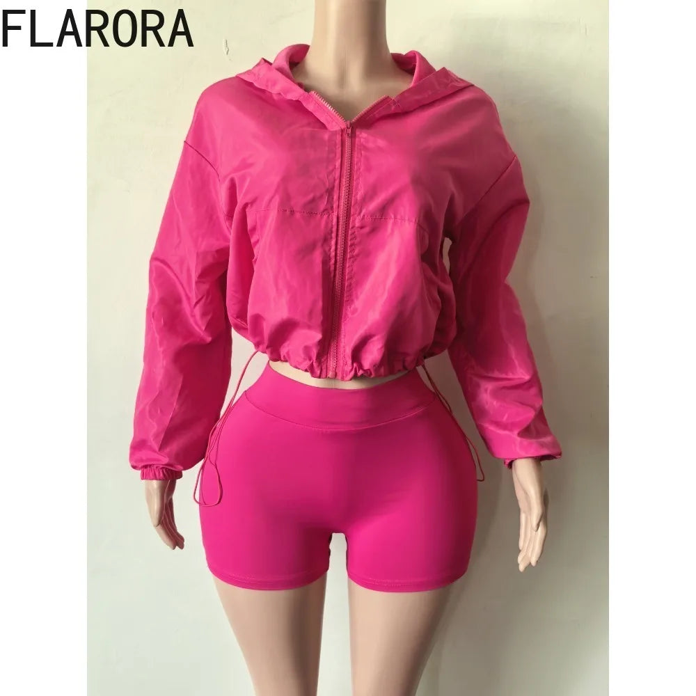 Hooded Zip Crop Jacket And Skinny Shorts Set for Women