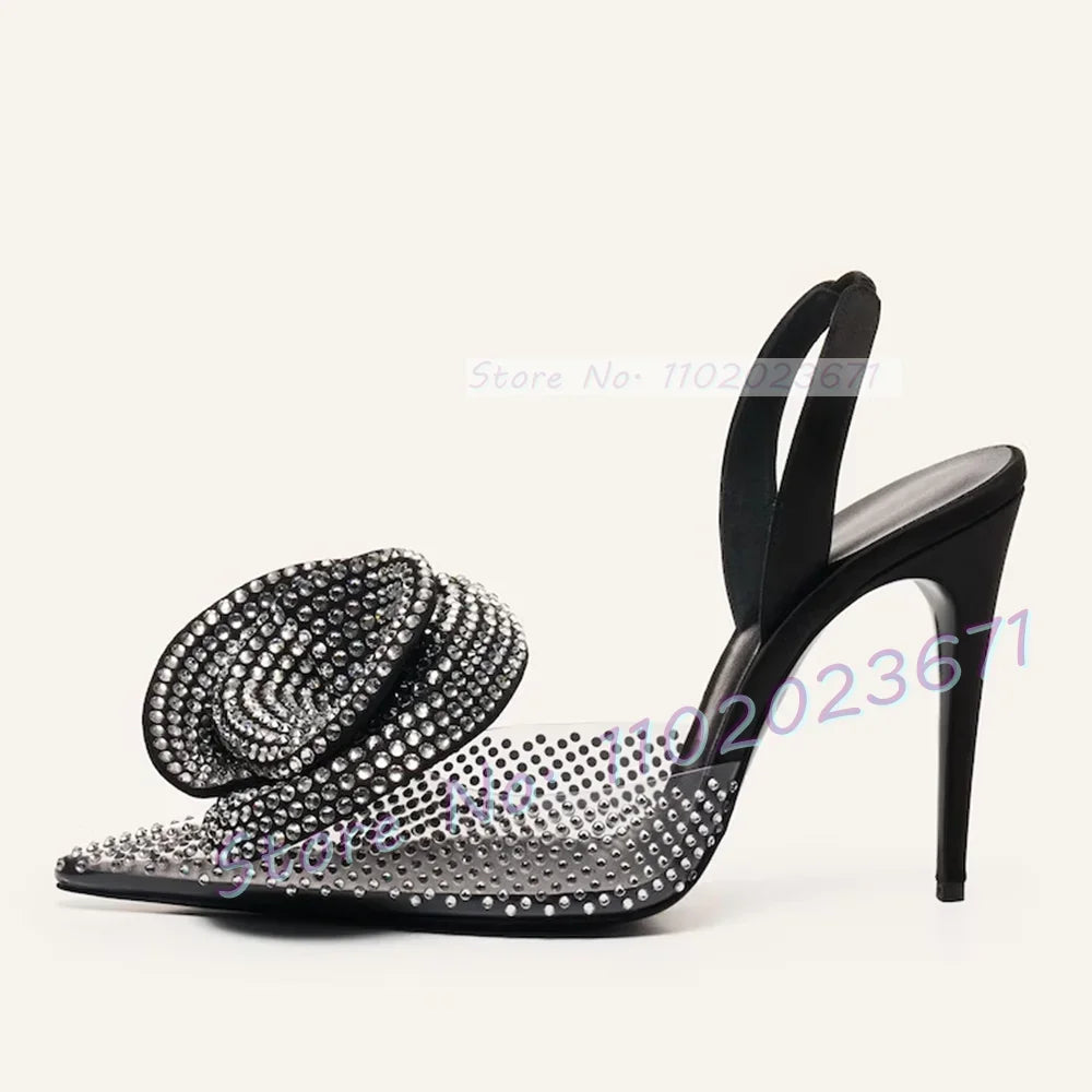 Pointy Rhinestone Flower Pvc Sandals Women Slingback Transparent High Heels Sandals Summer Runway Female Luxury Party Shoes