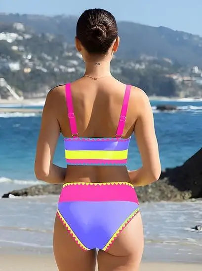 Women's Bikinis And Tankinis High Waist Color-blocked Zigzag Swimsuit 2026 Three Piece Cover-ups Bikini Beach Vacation Swimwear