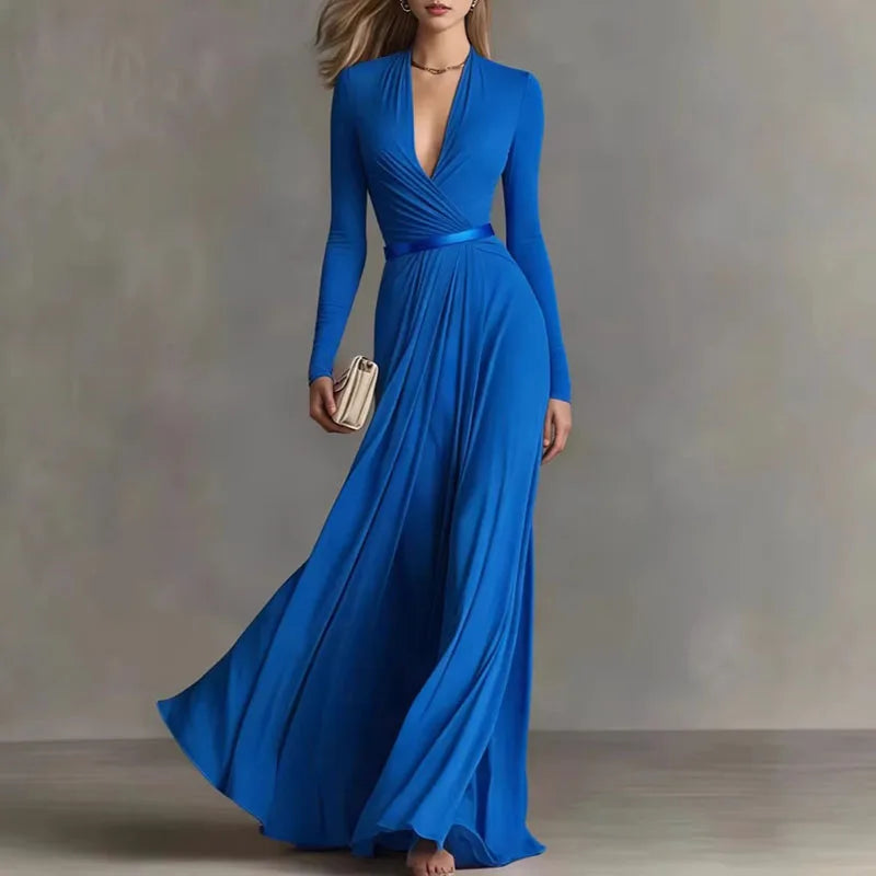 Deep V Neck Ruched Waist Long Sleeve Maxi Dress for Women