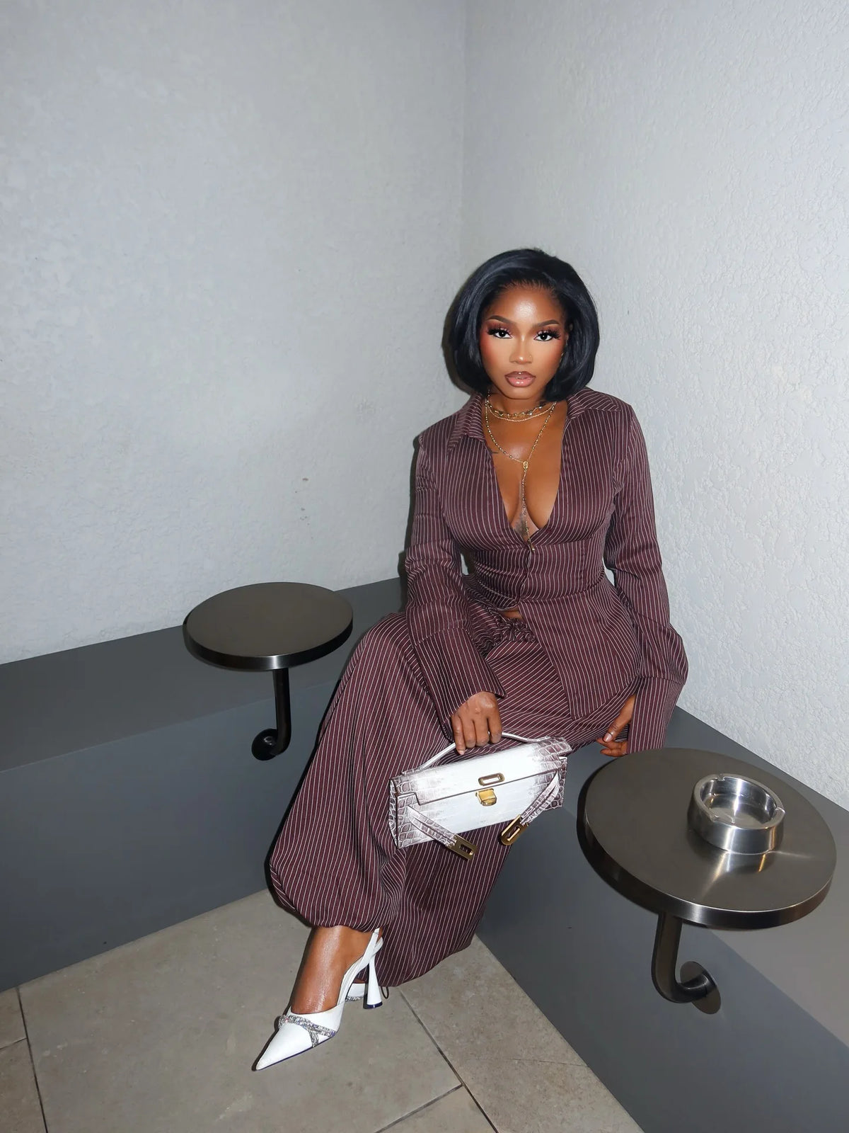 Vertical Striped Crop Shirt and Wide Leg Pants Outfit Set for Women