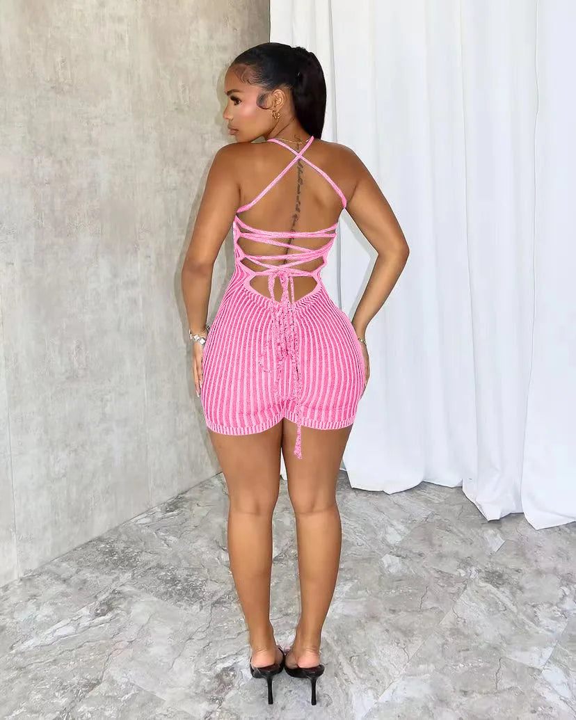 Backless Striped Knitted Sporty Playsuit for Women