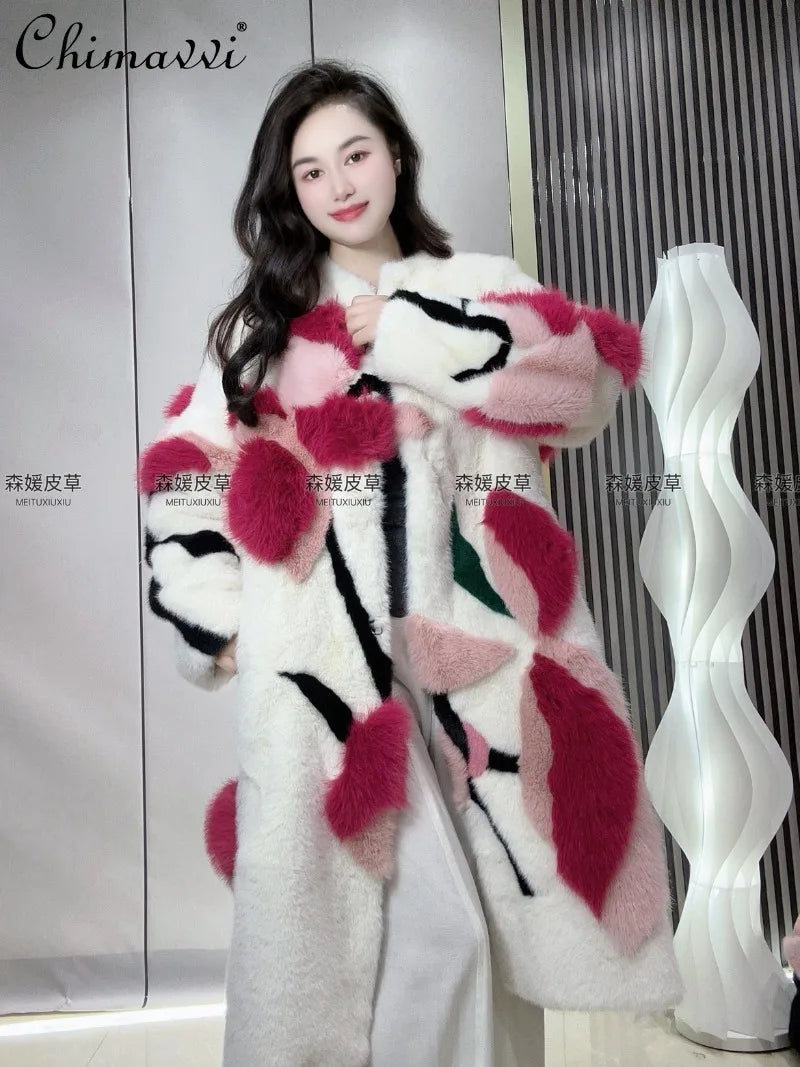 Women's Winter New Heavy Fashion Thickened Warm Light Luxury Round Neck Colorful 3D Patchwork Long Fur Elegant Women's Fur Coat