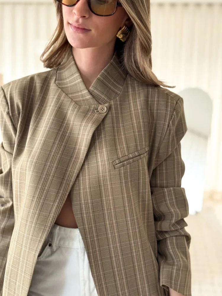 Plaid Stand Collar Long Sleeve Single Button Blazer Coat for Women