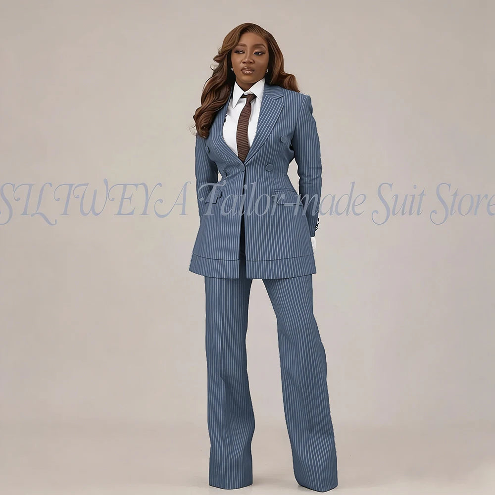 Slim Fit Brown Striped Blazer Set With Pants For Women